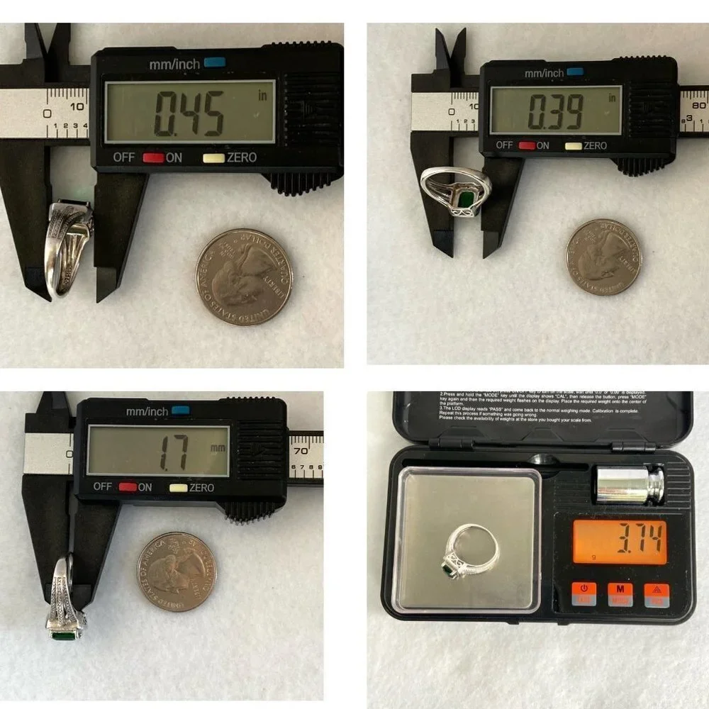 Sterling Silver 925 Rectangular Prong Set Green Emerald Glass Ring Sz 6.75 - Picture 12 of 16